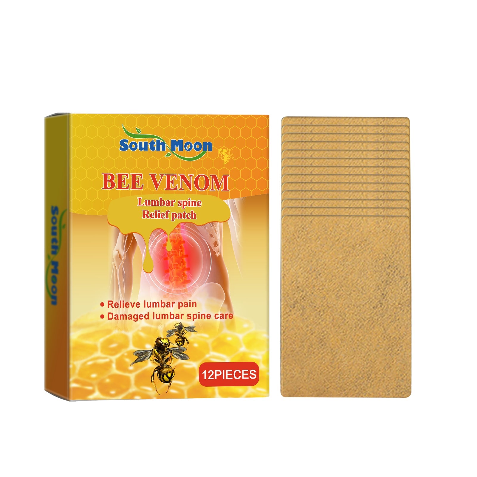South Moon Bee Venom Lumbar Spine Relief Patch box with 12 rectangular patches displayed