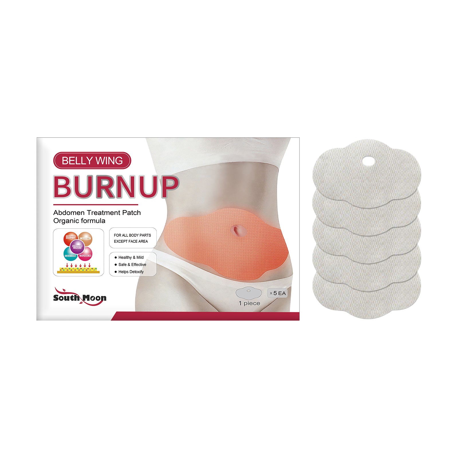 Belly Wing Burnup packaging with product patches displayed against model wearing patch on abdomen