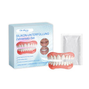 Product packaging box with silicone denture set and cleaning cloth displayed