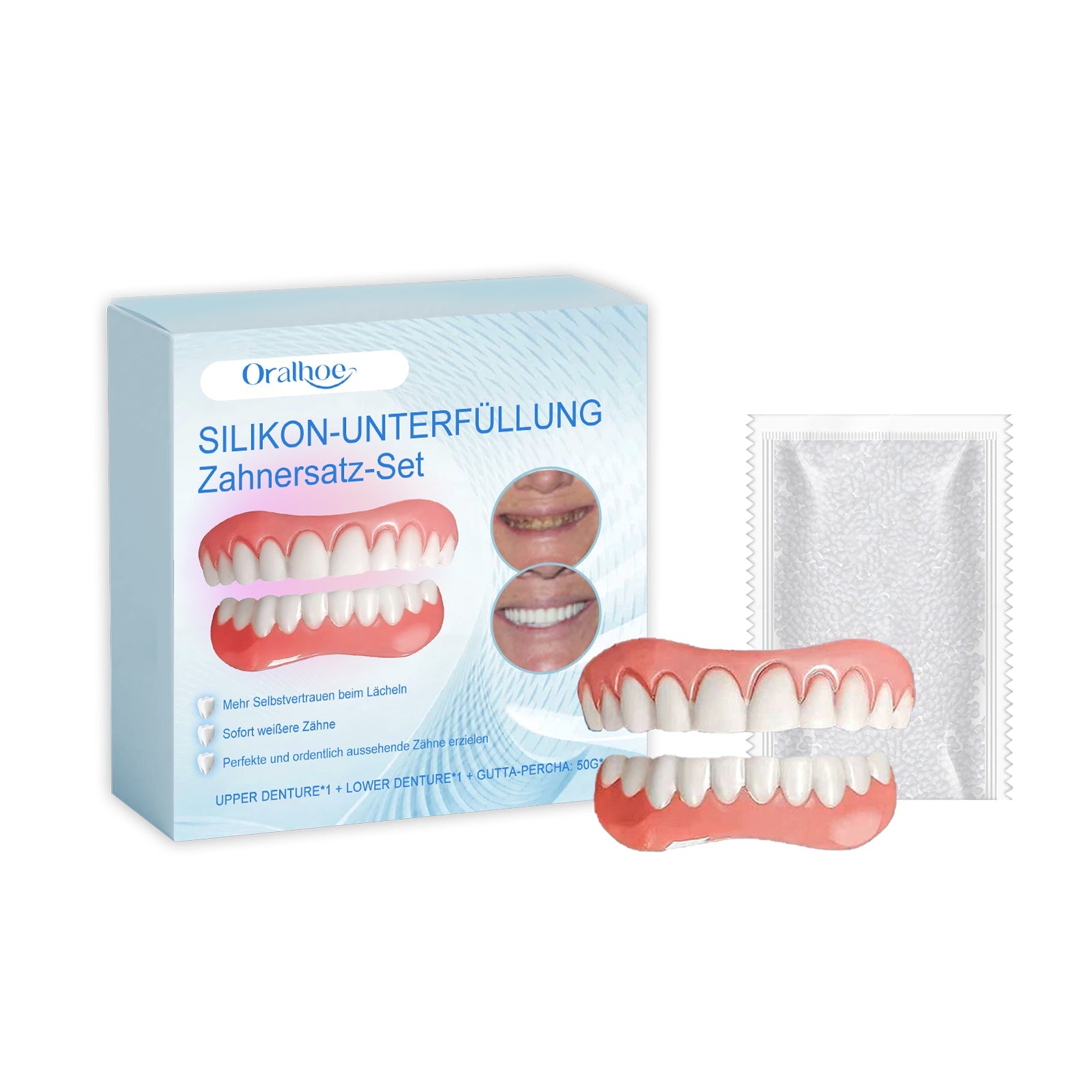 Product packaging box with silicone denture set and cleaning cloth displayed