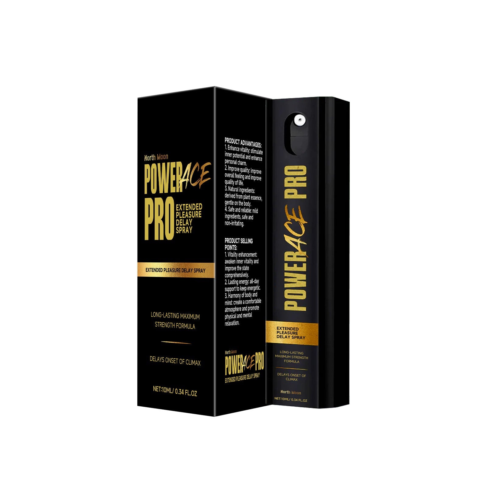 Product packaging front and side view showing PowerACE PRO Extended Pleasure Delay Spray