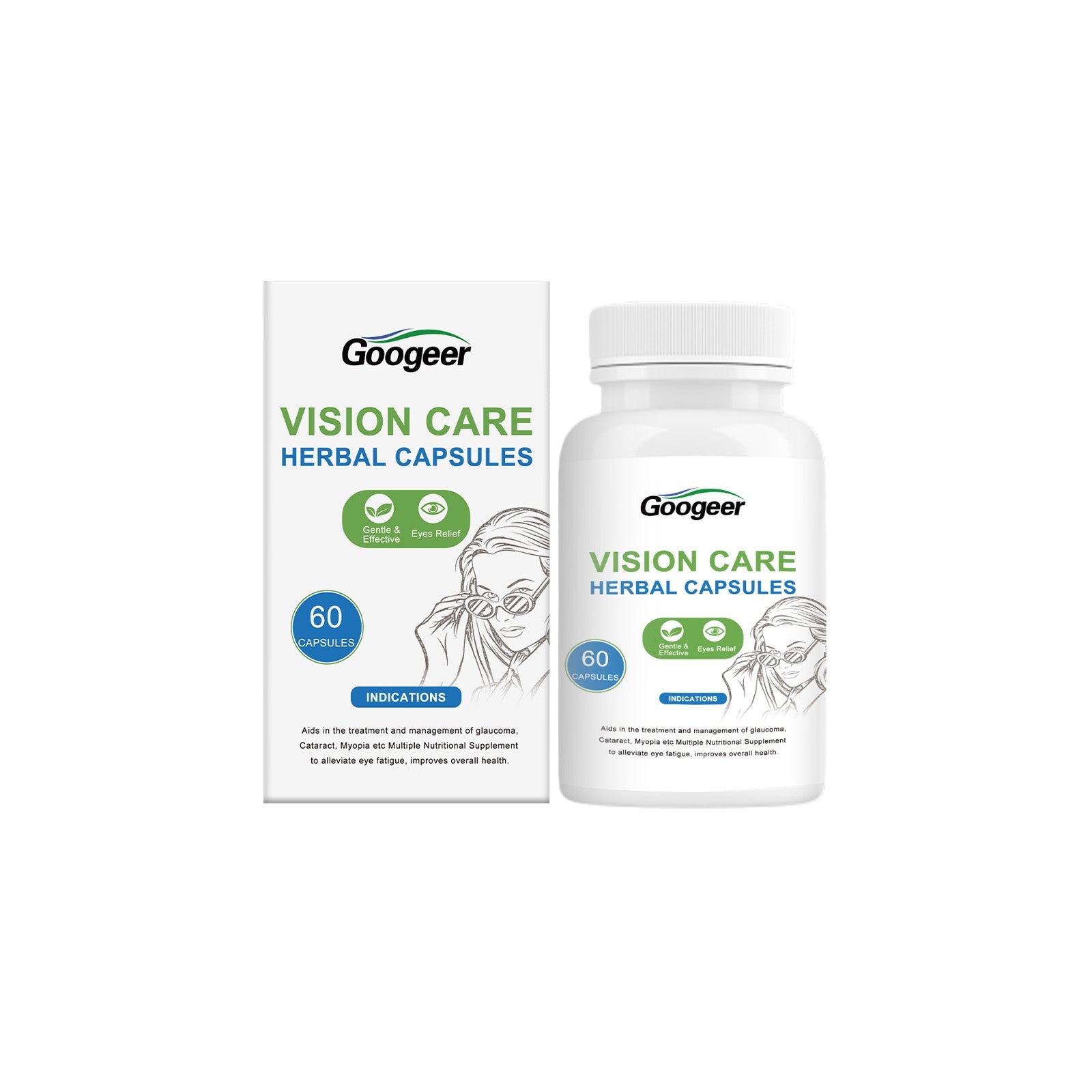 Person removing eyeglasses with green background; two benefit cards highlighting nutritional supplement and easy portability features