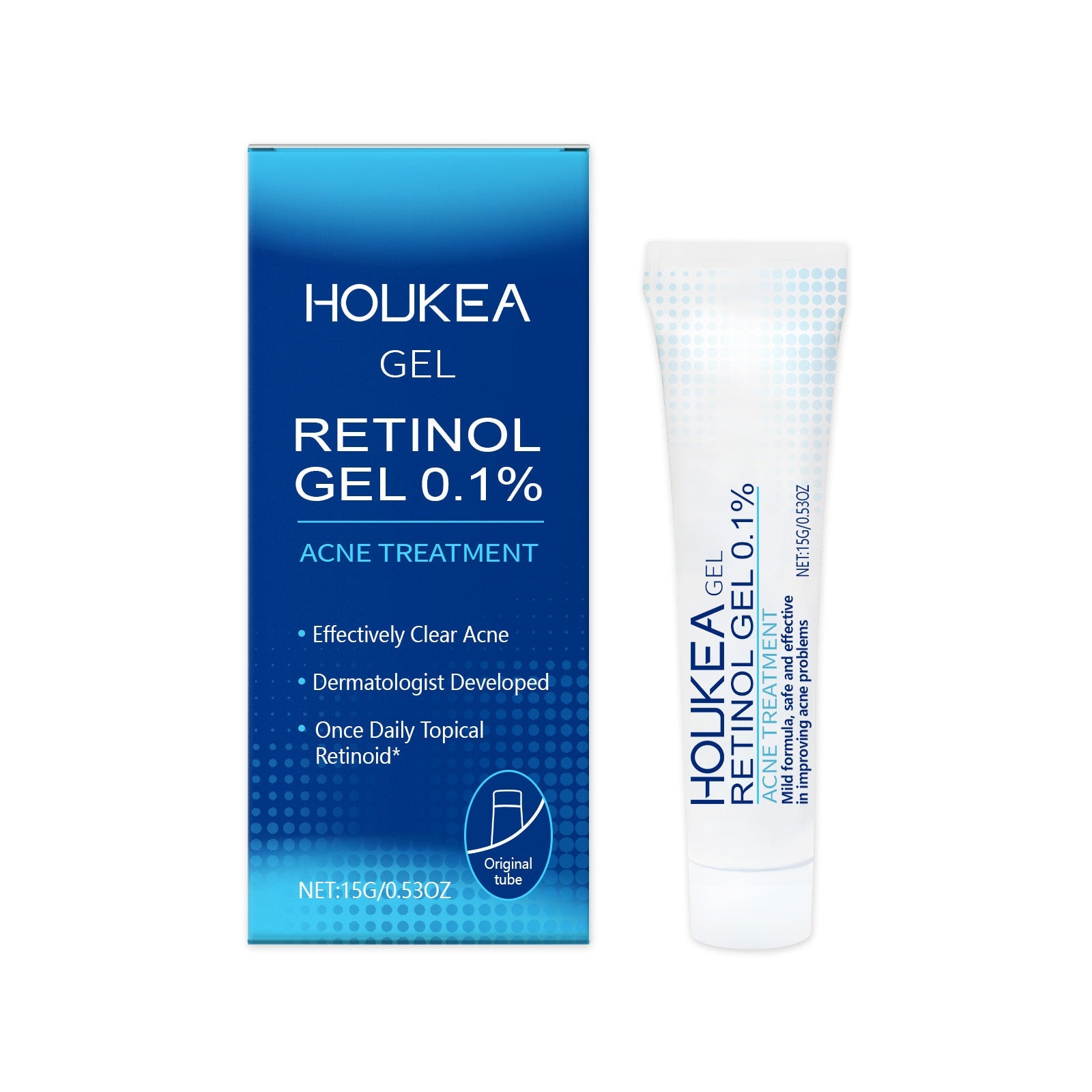 Product packaging and tube displayed against white background showing HOUKEA Retinol Gel 0.1% box and white applicator tube