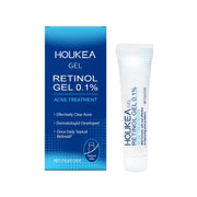 Product packaging and tube displayed against white background showing HOUKEA Retinol Gel 0.1% box and white applicator tube