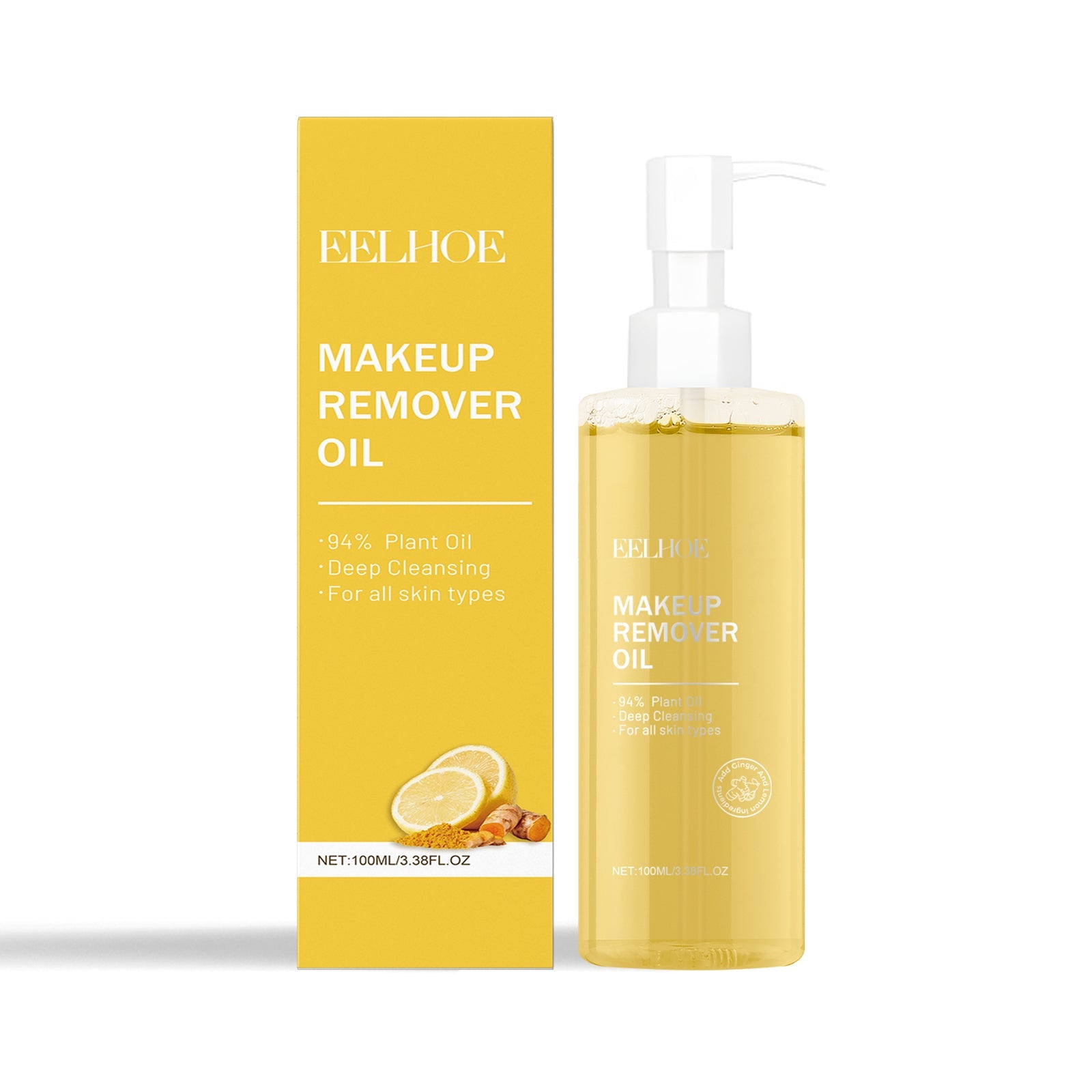 EELHOE Makeup Remover Oil product shot: golden cleansing oil in frosted glass bottle with white pump next to bright yellow packaging box