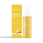 EELHOE Makeup Remover Oil product shot: golden cleansing oil in frosted glass bottle with white pump next to bright yellow packaging box