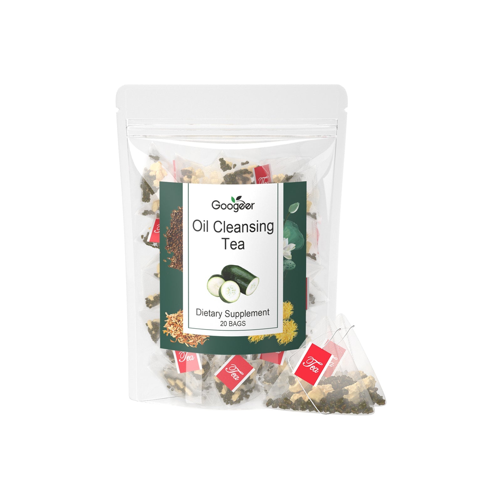 Googeer Oil Cleansing Tea pouch with 20 individual mesh tea bags displayed