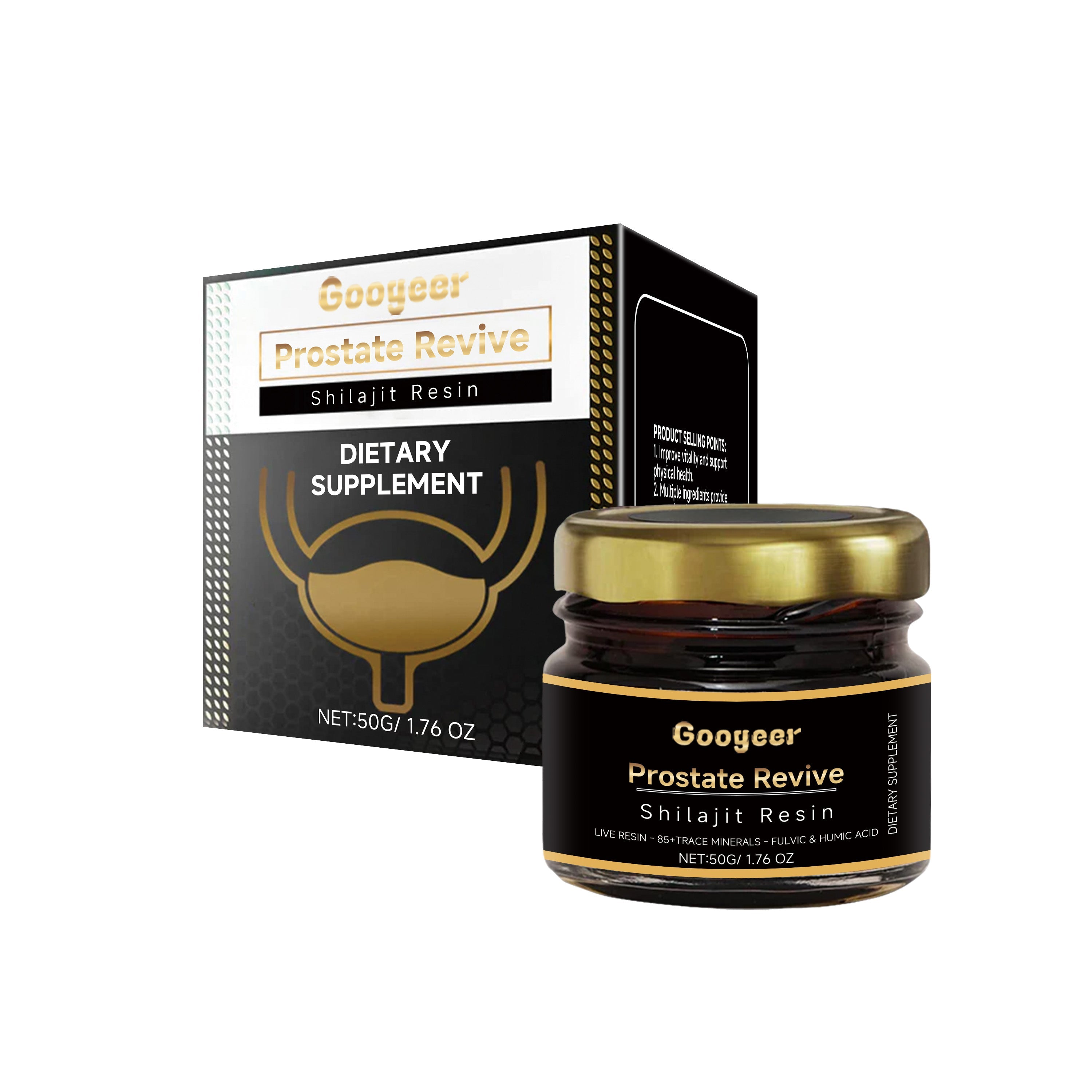 Googeer Prostate Revive product shot with luxury black box and dark glass jar with gold cap
