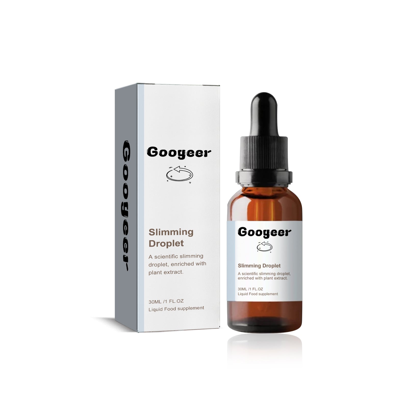 Googeer Slimming Droplet bottle next to white product box on white background