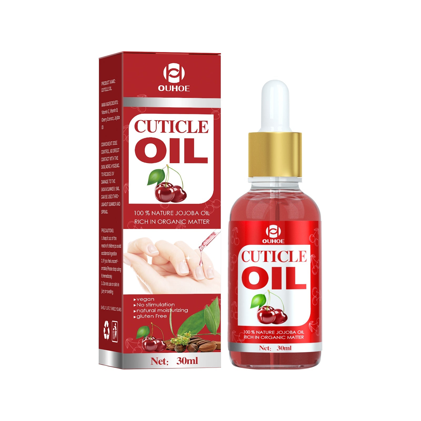 OUHOE Cuticle Oil 30ml bottle with red packaging box showing jojoba cherry illustration