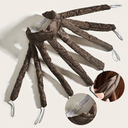 Eight brown quilted squid-tentacle curlers displayed radiating outward with clear silicone loops, with circular detail callouts showing grip mechanism and fabric texture