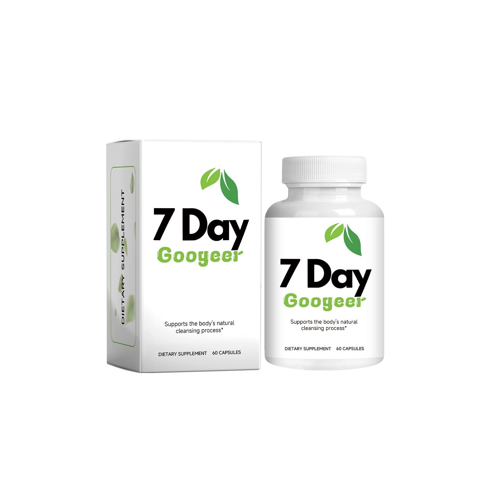 7 Day Googeer product packaging showing white bottle and box with green leaf logo
