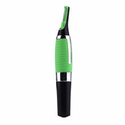 Micro Touch precision trimmer standing upright showing full green and black body with chrome accents and micro-blade tip