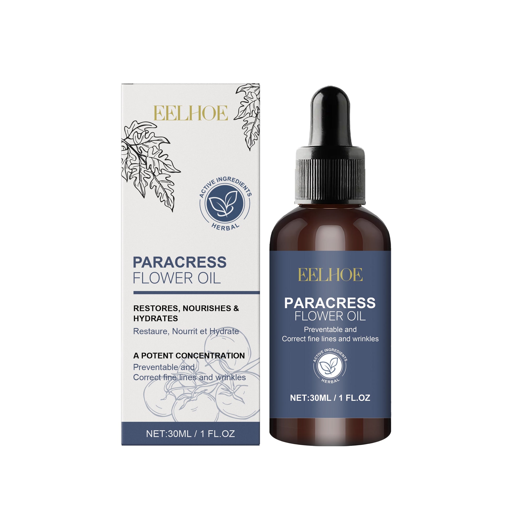 EELHOE Paracress Flower Oil bottle and box displayed side-by-side showing product packaging and full 30ml amber glass dropper bottle with black cap