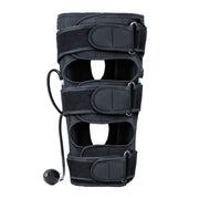 Full product display of three-tier inflatable leg correction brace with air pump attachment
