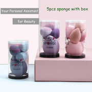 Product lineup showing 5pc makeup sponge sets in clear cases with black bases, displayed in blush pink and mauve colorways against soft pink background