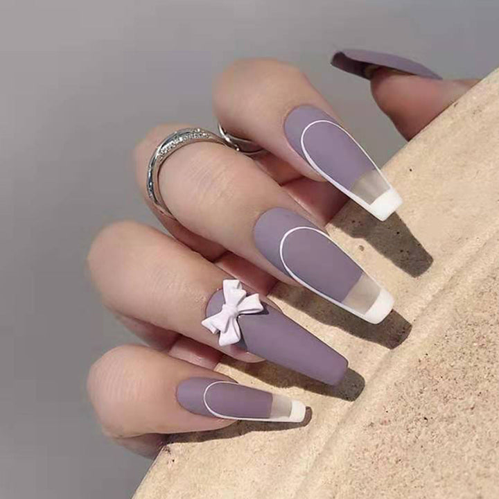 Lavender French Tip Press-On Nails With Bow Accents