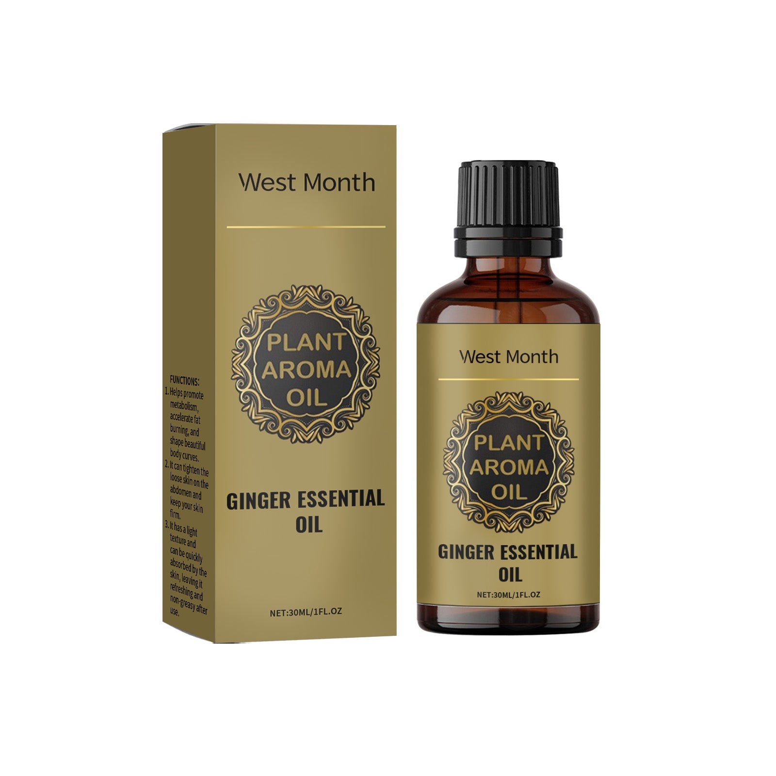 West Month Ginger Essential Oil bottle with sage gold packaging box, product presentation