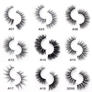 Grid of 9 single eyelash pair styles (A01, A03, A06, A12, A14, A15, A17, A19, 3D08) shown on white quarter-moon display cards