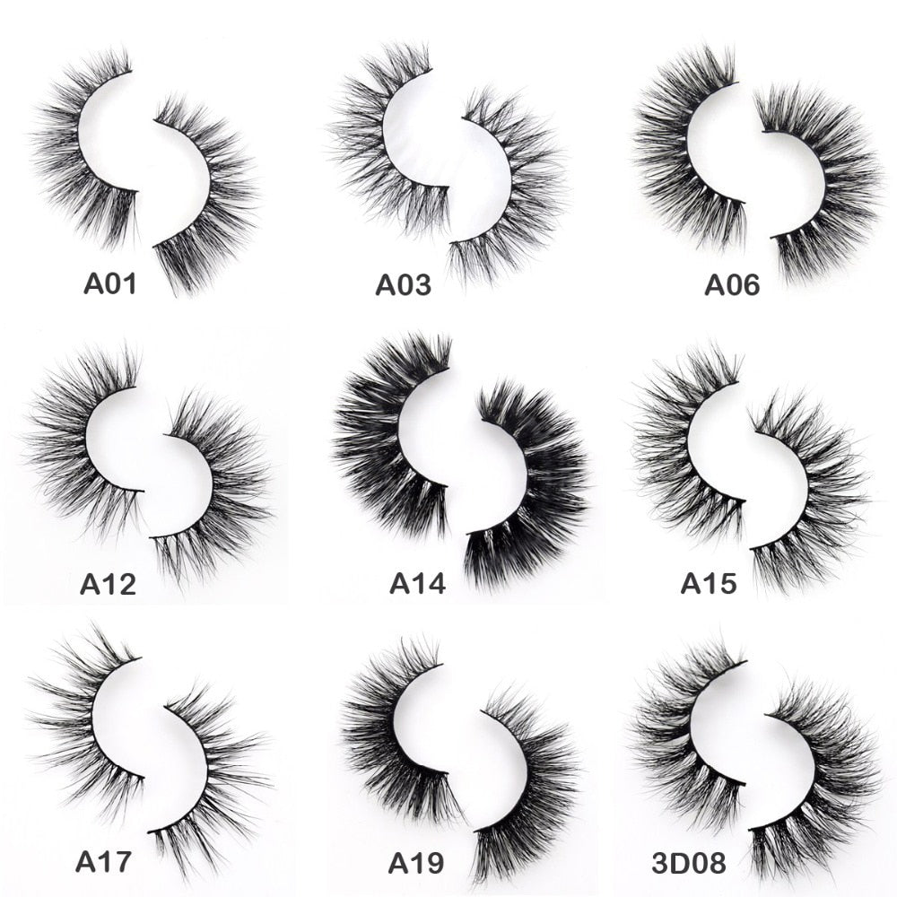 Grid of 9 single eyelash pair styles (A01, A03, A06, A12, A14, A15, A17, A19, 3D08) shown on white quarter-moon display cards