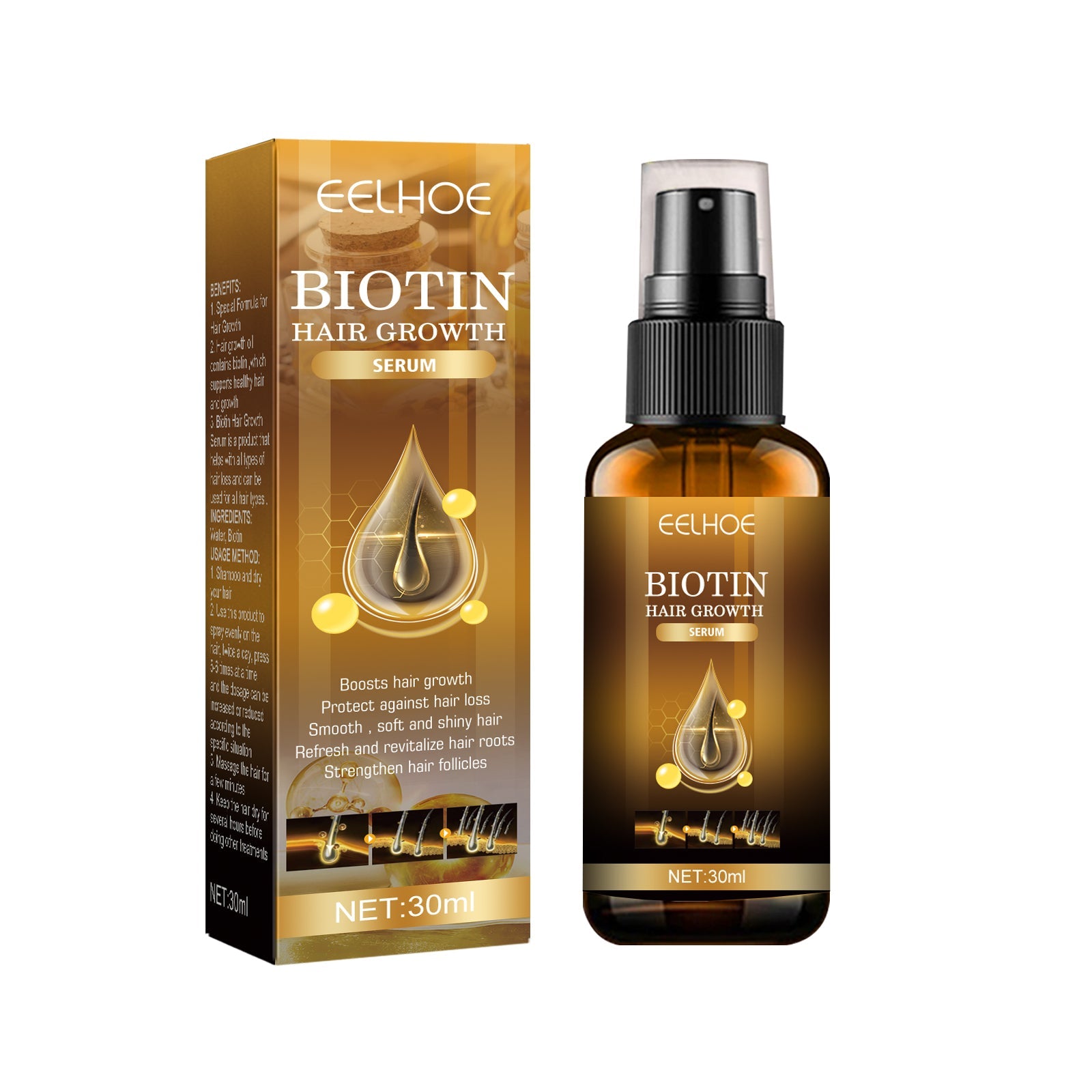 EELHOE Biotin Hair Growth Serum packaging and amber glass bottle with spray pump displayed side-by-side