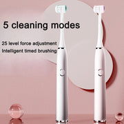 Two white and pink electric toothbrushes with replaceable heads displayed side-by-side showing 5 cleaning modes feature