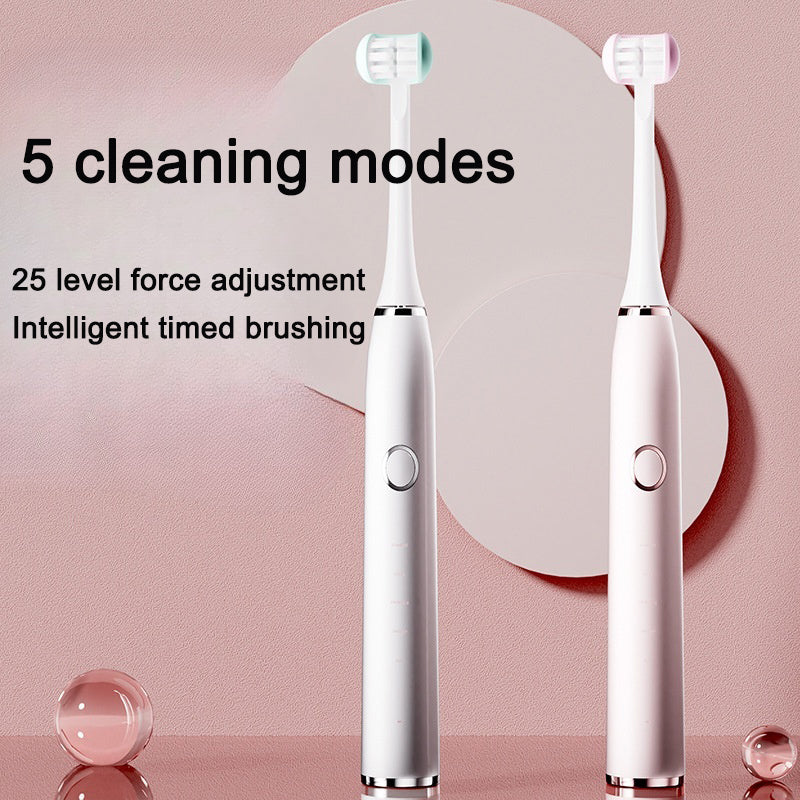 Two white and pink electric toothbrushes with replaceable heads displayed side-by-side showing 5 cleaning modes feature
