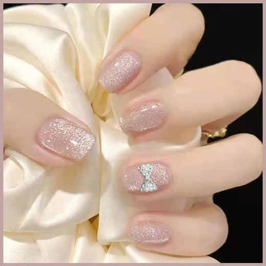 Short Cat Eye Press-On Nails With Sparkling Butterfly Shimmer