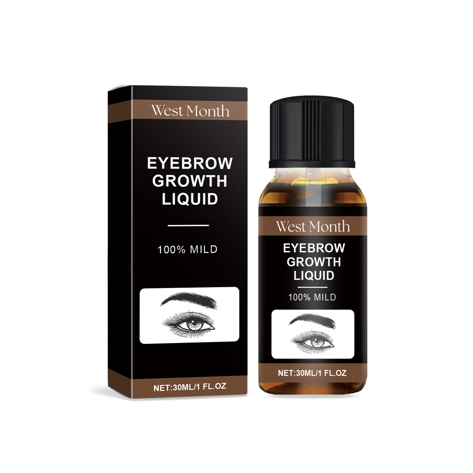 West Month Eyebrow Growth Liquid product shot showing amber glass bottle with black cap next to branded box with eyebrow illustration