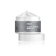 Wiyun Nerve Balm cream jar with white dome lid and charcoal label with botanical illustration