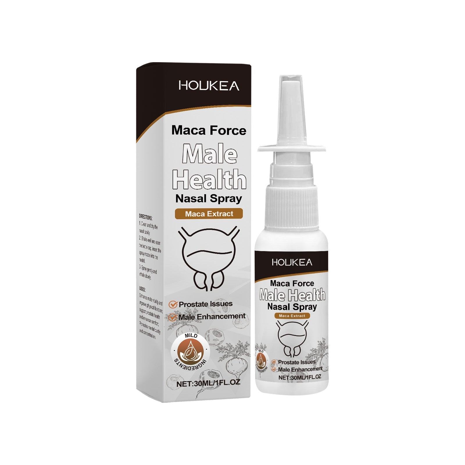 Maca Force Male Health Nasal Spray product with box and bottle displayed side-by-side