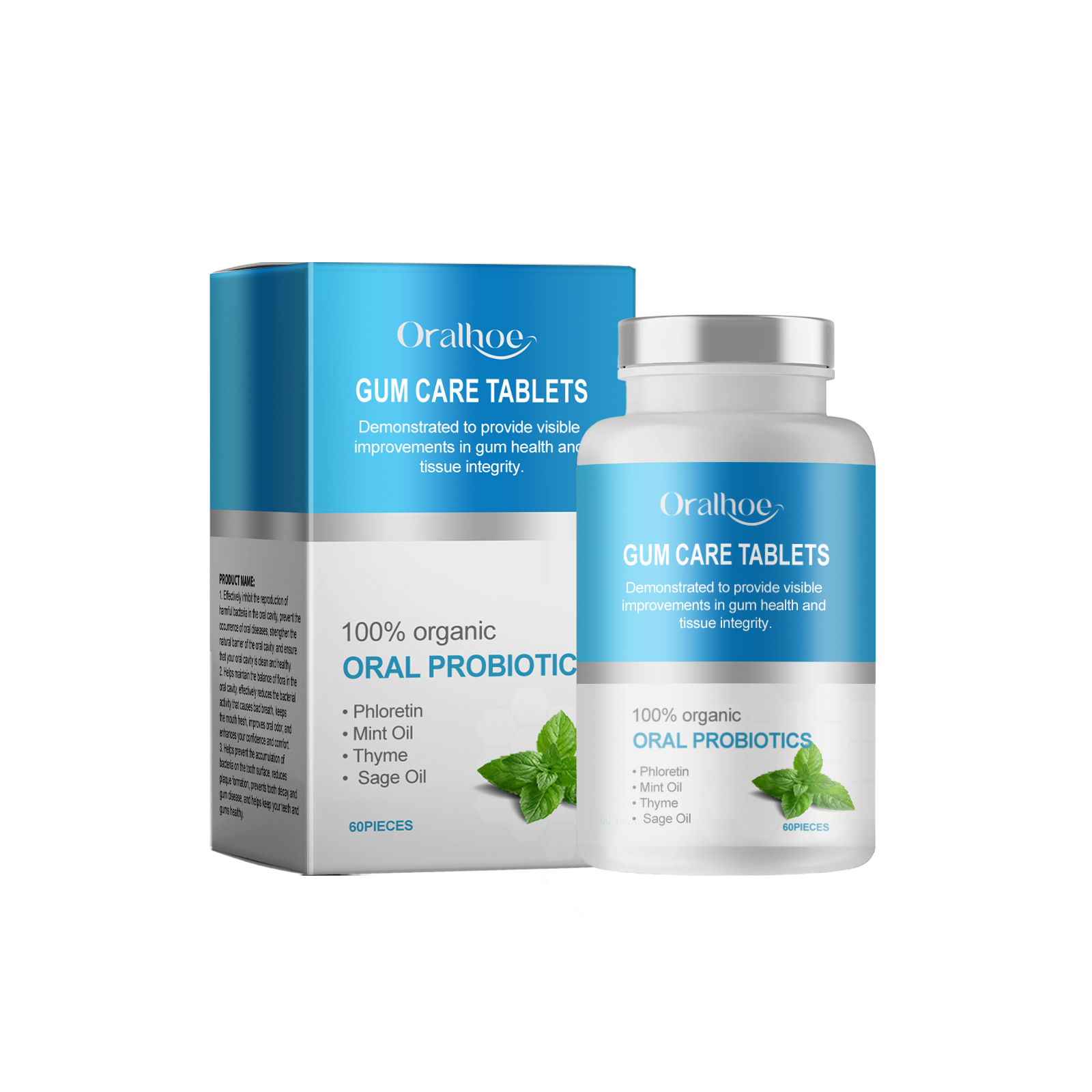 Oralhoe Gum Care Tablets bottle and blue gradient box displayed against white background showing product packaging