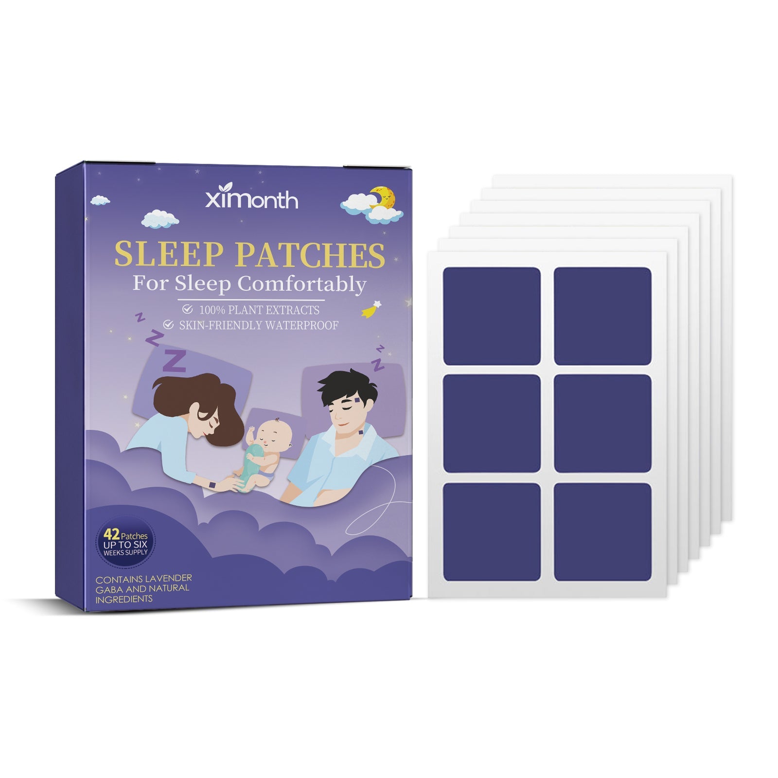 Ximonth Sleep Patches box with 42 patches and individual sheets displayed