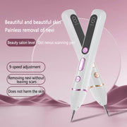Two dual-action laser pens in white with rose gold and purple metallic accents displayed in V-formation against soft pink gradient background