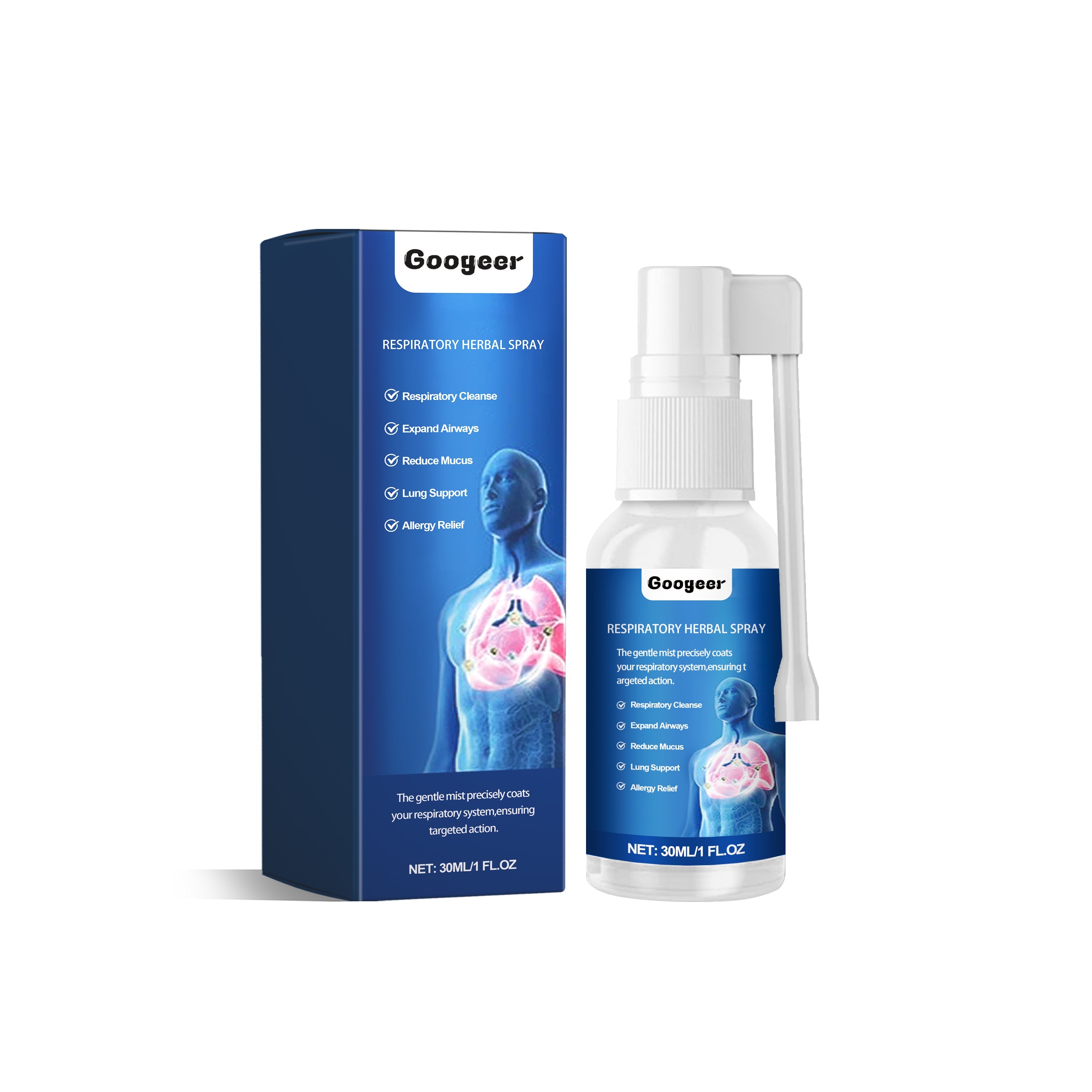 Googeer Respiratory Herbal Spray 30ml bottle with blue box packaging showing respiratory cleanse claims and lung illustration