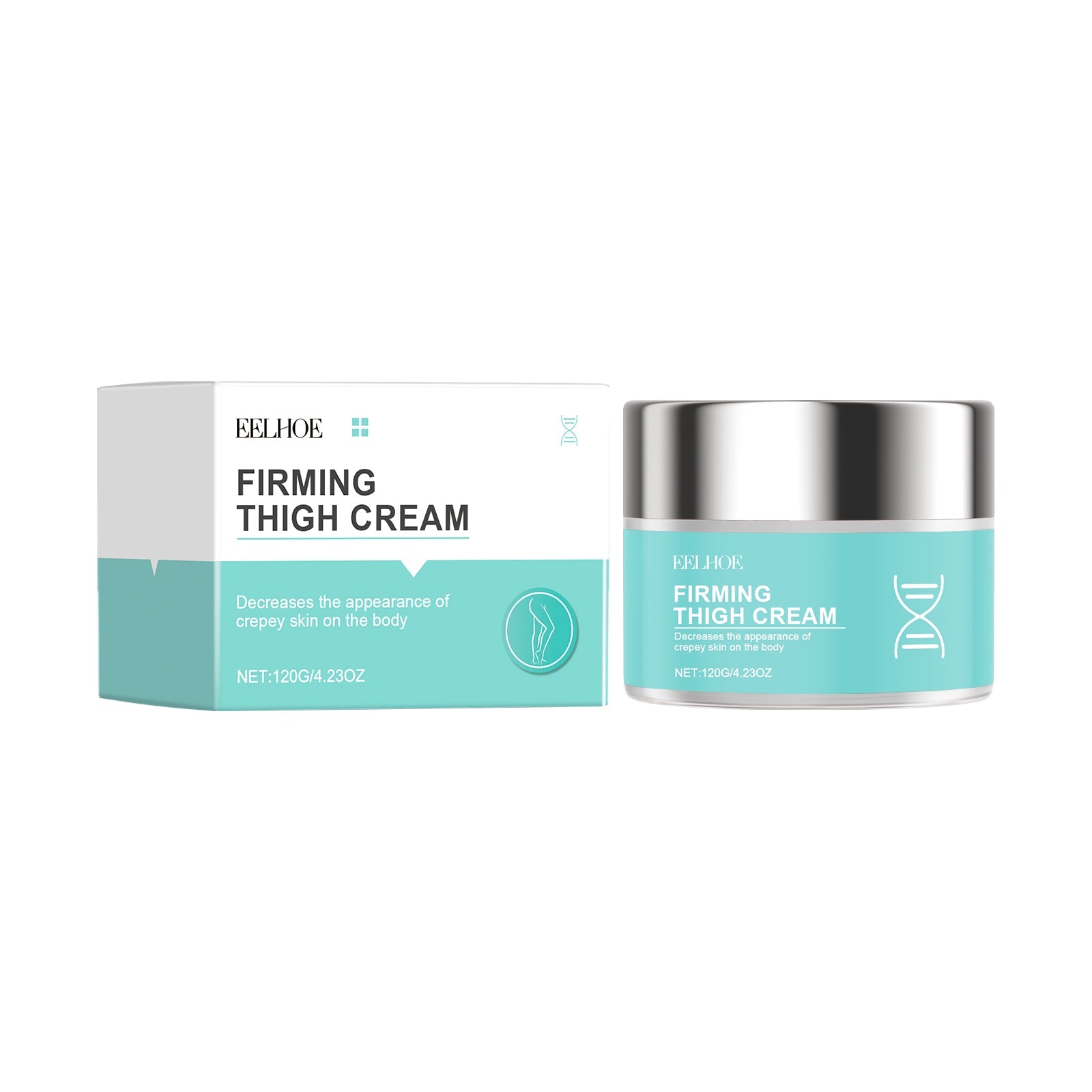 EELHOE Firming Thigh Cream product shot showing packaging box and frosted glass jar with stainless steel lid against white background