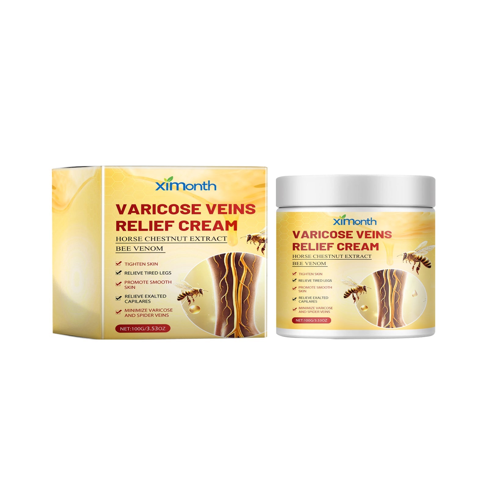 Product packaging showing Ximonth Varicose Veins Relief Cream box and glass jar side by side