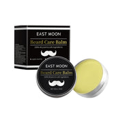 East Moon Beard Care Balm product display with black box packaging and open silver tin showing pale yellow balm
