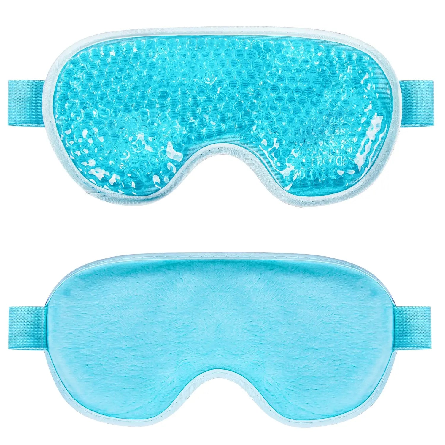 Two reversible eye masks shown front (gel-filled side) and back (plush side) with turquoise fabric straps