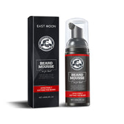 East Moon Beard Mousse packaging and bottle displayed together against white background