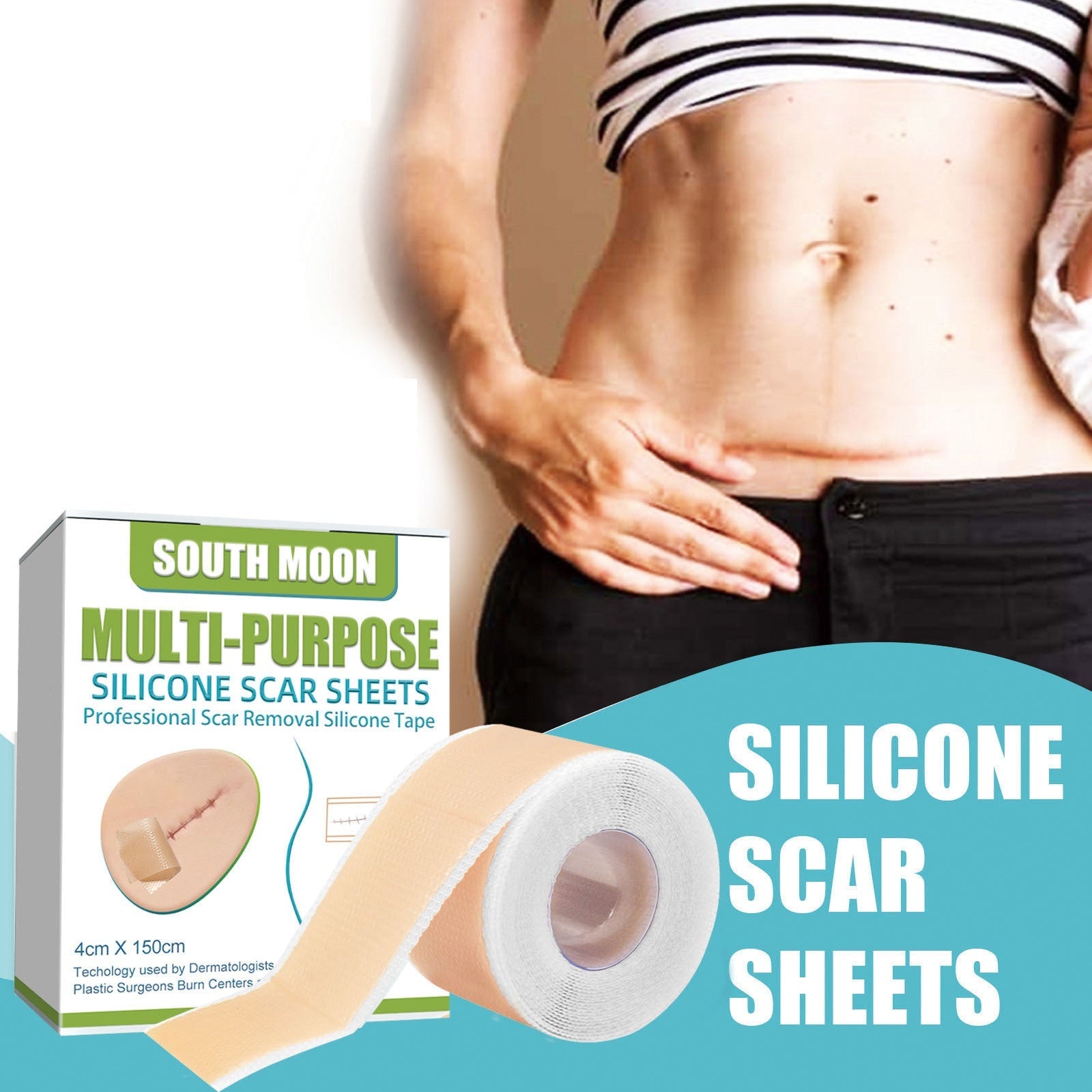 Product packaging and tape application on abdominal scar, showing silicone tape roll unrolled with beige and white construction