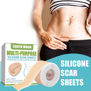 Product packaging and tape application on abdominal scar, showing silicone tape roll unrolled with beige and white construction