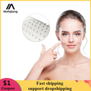 Woman pointing to face with circular detail of microneedle patch array visible; Mofajiang branding