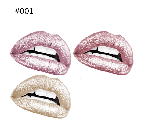 Three close-up lip swatches showing metallic shimmer finishes in dusty rose and champagne gold shades