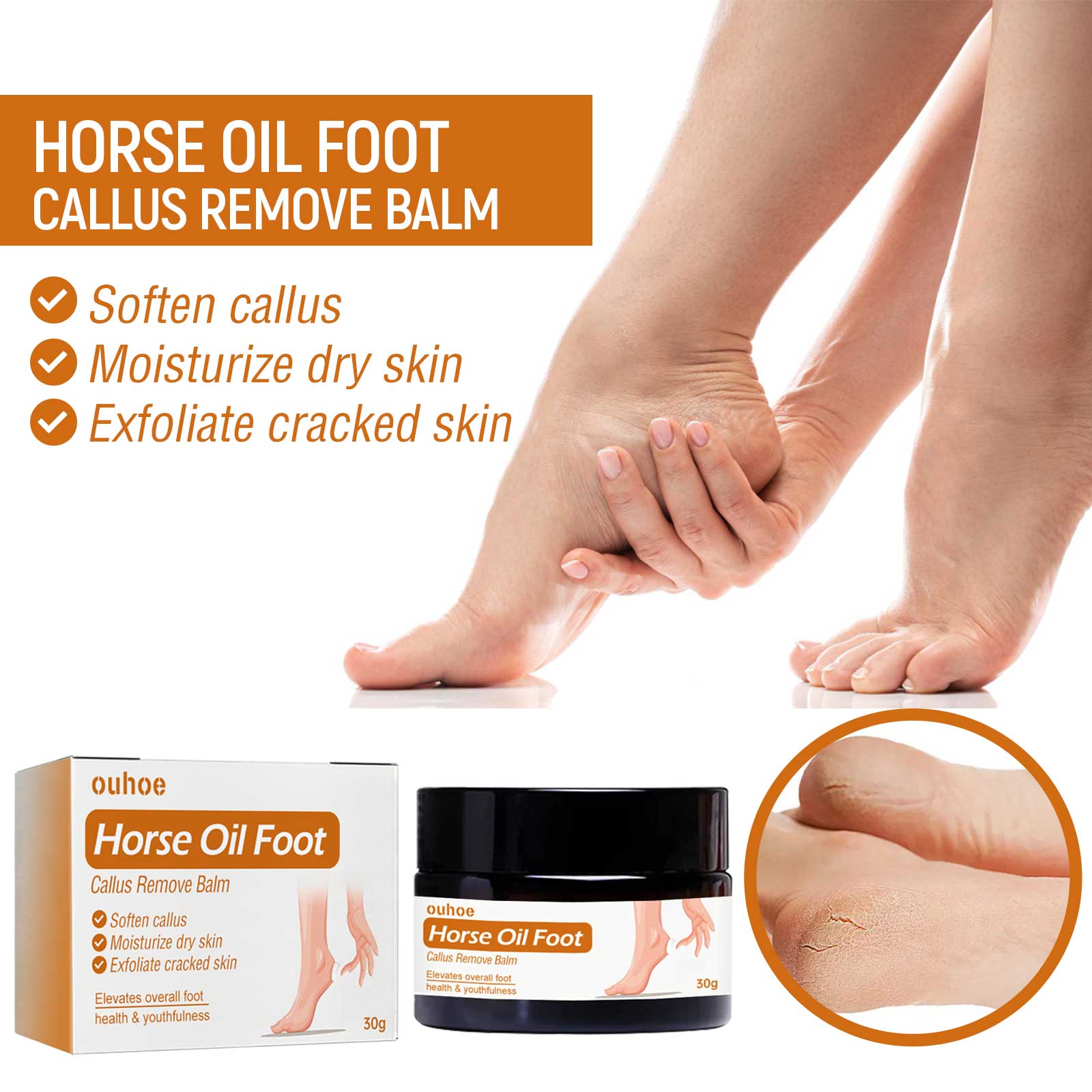 Hand touching heel with three orange checkmarks highlighting softening callus, moisturizing dry skin, and exfoliating cracked skin benefits