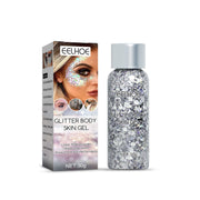 Product packaging and bottle of silver holographic glitter gel with model wearing sequin-covered cheek makeup
