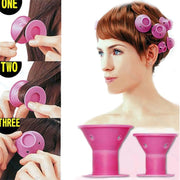 Three-step how-to guide showing hands threading hair through pink silicone roller, alongside a model wearing the rollers in her short brown hair, plus two standalone rollers showing the mushroom shape