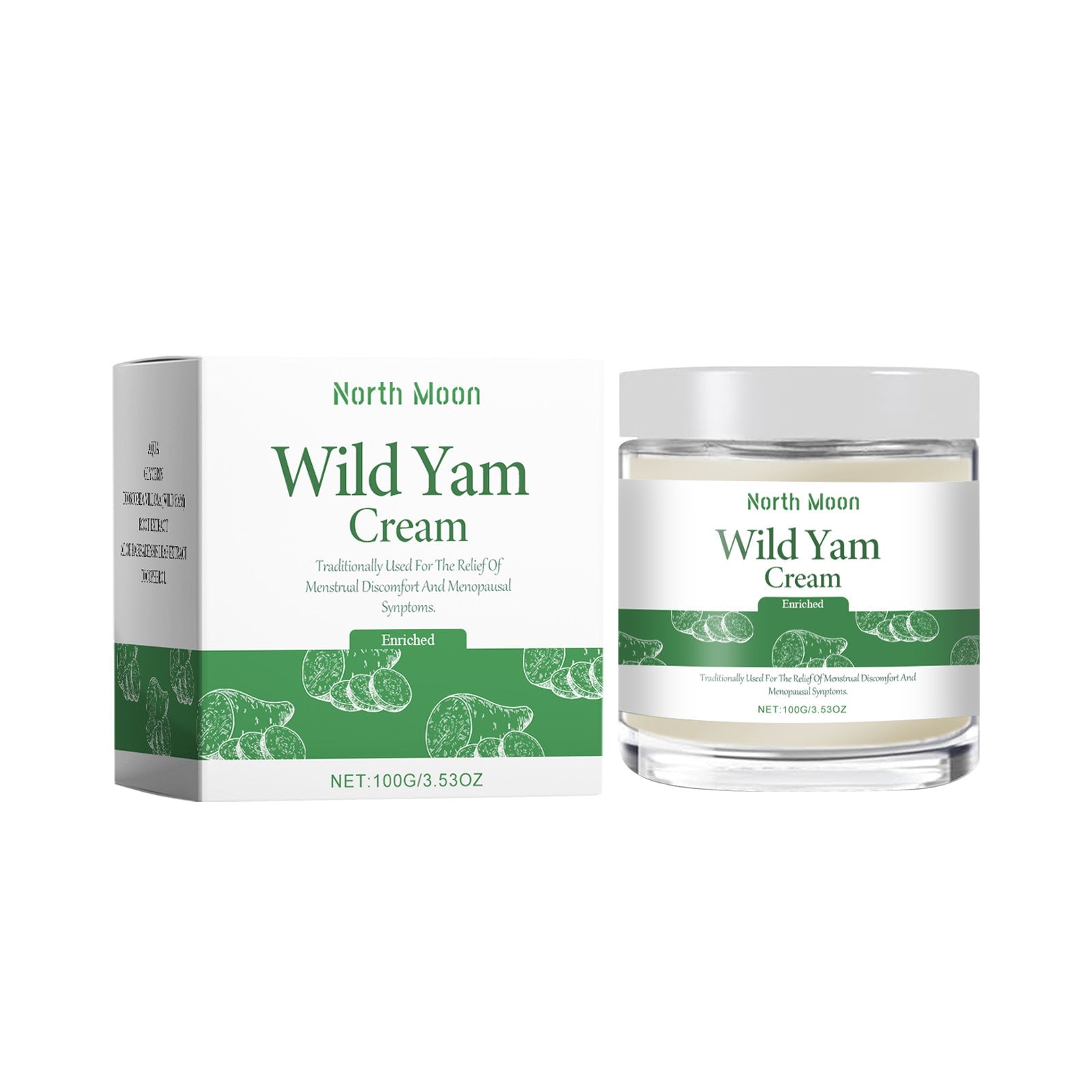 Product packaging and jar displayed together showing cardboard box and glass container with pale cream product