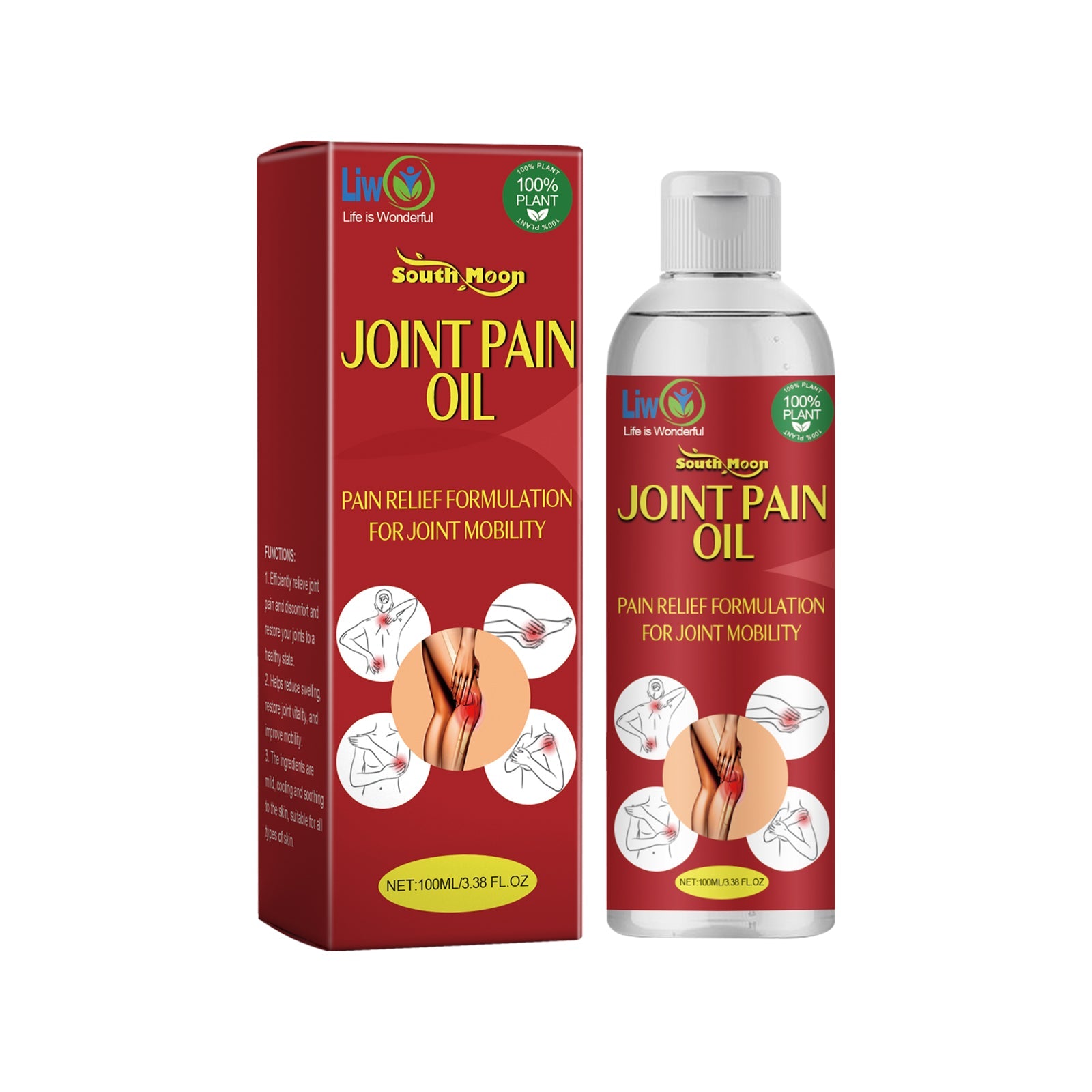Product shot of South Moon Joint Pain Oil bottle and matching red box packaging against white background