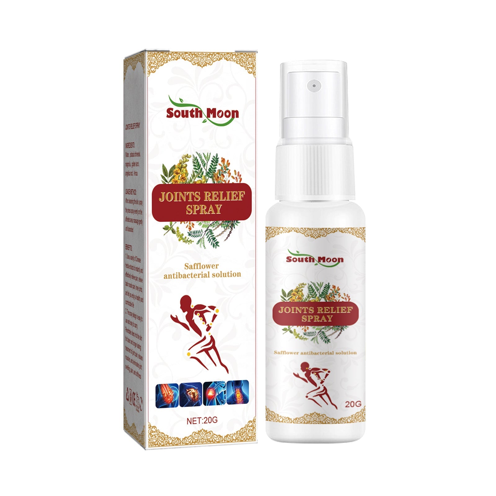 South Moon Joints Relief Spray product shot with decorative box and white spray bottle featuring gold accents